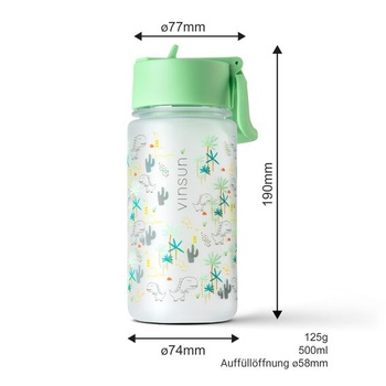 Detská fľaša na pitie VINSUN 500ml Dinosaur - slamkové viečko, nepriepustná, bez BPA, vhodná pre sýtené