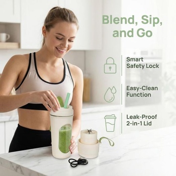 Přenosný mixér na smoothie 450ml s brčkem, 2 nepropustná víka, 12 nožů z nerezové oceli, výkonný