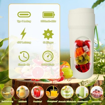 Přenosný mixér na smoothie 450ml s brčkem, 2 nepropustná víka, 12 nožů z nerezové oceli, výkonný