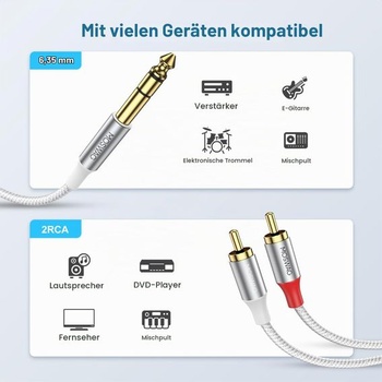 MOSWAG 6,35mm na duálny RCA TRS audio Y rozbočovací kábel/adaptér 1m 3,28 stopy/1 meter biely