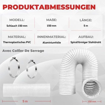 Výfuková hadica 150 mm 5 m PVC hliníková flexibilná rúrka Výfuková hadica klimatizácia 150 mm x 5 m