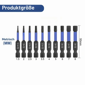 Sada šestihranných bitů HPHOPE Impact, 10 kusů, HEX H1,5 - H8, délka 50 mm, 10 kusů, metrické