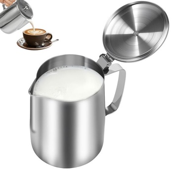 Džbán na mlieko s vekom, nerezová oceľ, 1000ml, kanvica na mlieko pre baristov