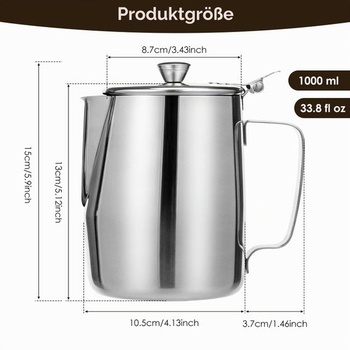 Džbán na mlieko s vekom, nerezová oceľ, 1000ml, kanvica na mlieko pre baristov