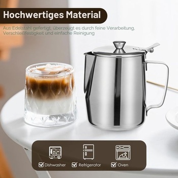 Džbán na mlieko s vekom, nerezová oceľ, 1000ml, kanvica na mlieko pre baristov