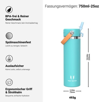 Termoska Sparrow z nerezové oceli 750ml s brčkem a víčkem, mátově zelená