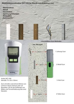 Multisenzorový nástenný skener technoline WZ1200 – Vyhľadávač káblov pre elektrinu, kov a drevo |