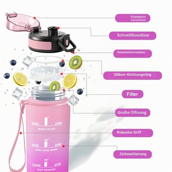 Fľaša na vodu 500 ml, fľaša na vodu s filtrom, fľaša na vodu s časovačom, bez BPA, športová fľaša