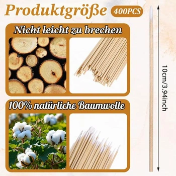 400 drevených vatových tyčiniek, aplikátory na vatové tyčinky so špicatým povrchom, malé vatové