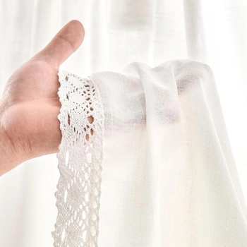 Záclony Vangao s ľanovým vzhľadom do kaviarne, súprava 2 kusov, 90Š x 60V cm, biele s čipkovým lemom |