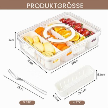 OSDUE Svačinový box, Svačinový box se 4 přihrádkami, Tác na svačinu s víkem a rukojetí, Průhledné