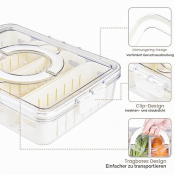 OSDUE Svačinový box, Svačinový box se 4 přihrádkami, Tác na svačinu s víkem a rukojetí, Průhledné