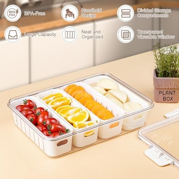 OSDUE Svačinový box, Svačinový box se 4 přihrádkami, Tác na svačinu s víkem a rukojetí, Průhledné