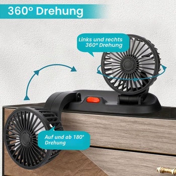Ventilátor do auta s rotáciou 360 °, dvojitý ventilátor, malý ventilátor, výkonný tichý USB mini
