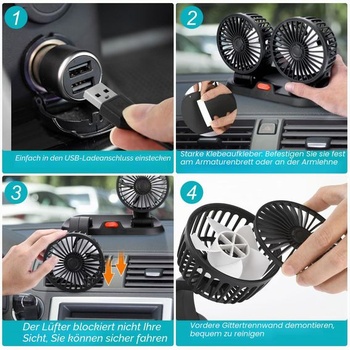 Ventilátor do auta s rotáciou 360 °, dvojitý ventilátor, malý ventilátor, výkonný tichý USB mini