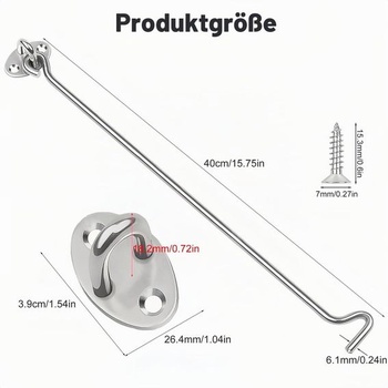 2 kusy dverných závor 400 mm, strieborné, nerezové háky proti víchrici s očkom 400 mm*2 strieborné