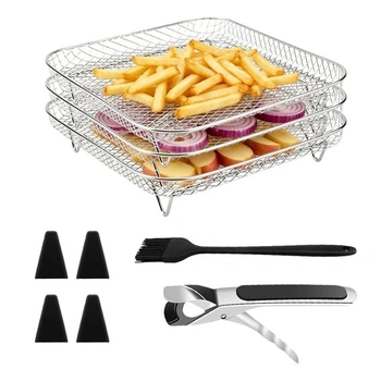 Stohovateľné koše do fritézy, nerezová miska na koše do fritézy, štvorcová nerezová mriežka, 3 kusy