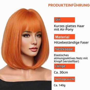 Oranžové parochne s ofinou pre ženy, krátka rovná oranžová bob parochňa, rovné parochne, parochňa z