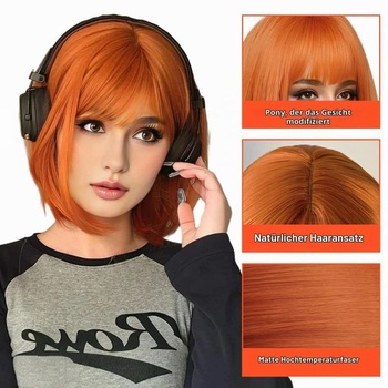 Oranžové parochne s ofinou pre ženy, krátka rovná oranžová bob parochňa, rovné parochne, parochňa z