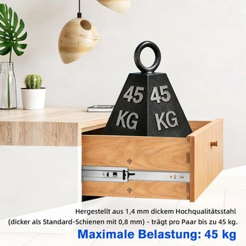 Výsuvy zásuviek s tlmeným dovieraním, plný výsuv, 45 kg, guličkové ložisko, teleskopické výsuvy, 14