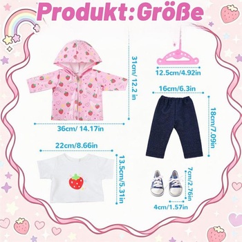 5dílná sada oblečení pro panenky (36-43 cm), růžové jahodové nepromokavé oblečení pro panenky