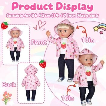 5dílná sada oblečení pro panenky (36-43 cm), růžové jahodové nepromokavé oblečení pro panenky