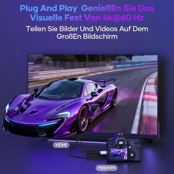 Micro HDMI na HDMI, kábel 2 m 4K @ 60Hz Micro HDMI 2.0 kábel, 3D HDR, ARC, micro HDMI na HDMI