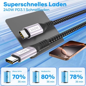 Kábel USB-C na USB-C, 0,5 m, 240W rýchlonabíjací kábel typu C, nylonový nabíjací kábel PD 5A,