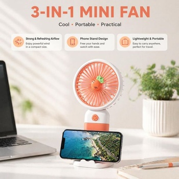 Ručný ventilátor Cosiesnest Mini so základňou, roztomilá mrkva a ananás, roztomilý, prenosný, 3