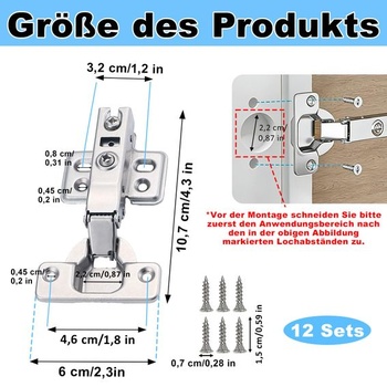 Rohový pánt, 12 kusov, pánty pre rohové skrinky so skrutkami, uhol otvorenia 110 ° s hydraulickým
