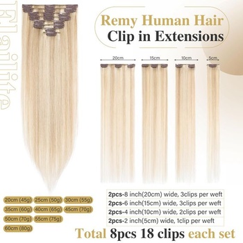 Elailite Clip-in predlžovanie vlasov, pravé ľudské vlasy, 8 útkov, 20 cm-45 g, rovné príčesky,