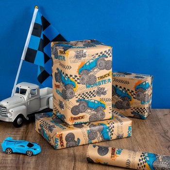 Darčekový baliaci papier RUSPEPA z kraftového papiera s motívom Monster Trucku - mini rolka - 43,2 cm x 5