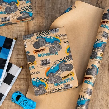 Darčekový baliaci papier RUSPEPA z kraftového papiera s motívom Monster Trucku - mini rolka - 43,2 cm x 5