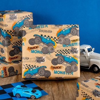 Darčekový baliaci papier RUSPEPA z kraftového papiera s motívom Monster Trucku - mini rolka - 43,2 cm x 5