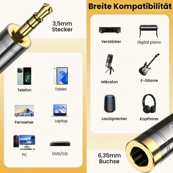 MOSWAG 3,5 mm na 6,35 mm stereo TRS jack adaptér, audio adaptér (1 balenie)