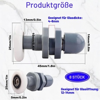 8 koliesok na sprchové dvere, pre sklenené dvere s hrúbkou cca 4-6 mm
