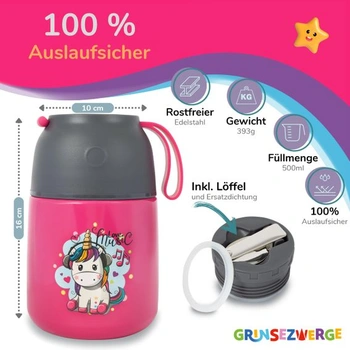 GRINSEZWERGE Detská termoska na jedlo a pitie 500ml | 100% nepriepustná - nerezová termoska na jedlo