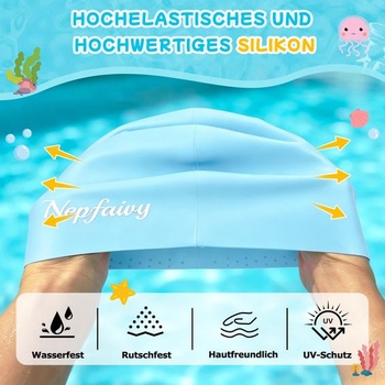 Plavecká čepice Nepfaivy pro děti s dlouhými vlasy, nepromokavá plavecká čepice nebesky modrá