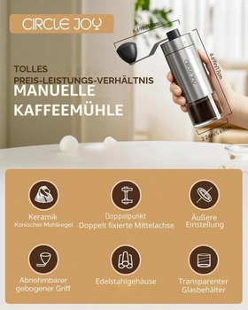 Přenosný ruční mlýnek na kávu CIRCLE JOY s keramickým kuželovým mlecím perem a 40 externími