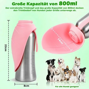 Fľaša pre psov Nepfaivy na vodu na cesty, nerezová oceľ, 800 ml, ružová