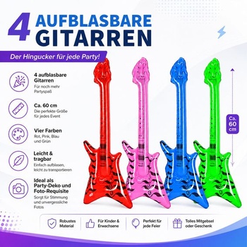 4dielna nafukovacia sada gitár 60 cm, farebné vzduchové gitary, nafukovacia párty gitara, rekvizity