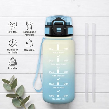 Fľaša na pitie s objemom 500 ml, bez BPA, so slamkou, s časovými značkami, vhodná na sýtené nápoje,