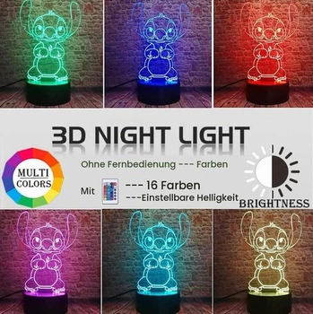 ZTZK Stitch Lamp, 3D LED chytré noční světlo s dálkovým ovládáním modré