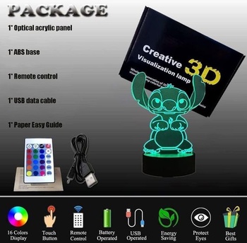 ZTZK Stitch Lamp, 3D LED chytré noční světlo s dálkovým ovládáním modré