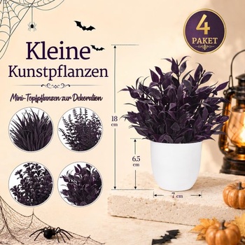 Sada 4 fialových umelých rastlín v kvetináčoch s ružovým motívom na Halloween a jeseň. Fialová 4