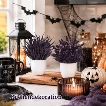 Sada 4 fialových umelých rastlín v kvetináčoch s ružovým motívom na Halloween a jeseň. Fialová 4