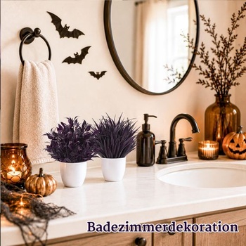 Sada 4 fialových umelých rastlín v kvetináčoch s ružovým motívom na Halloween a jeseň. Fialová 4