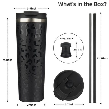 BJPKPK 900ml izolovaný hrnček z nerezovej ocele s viečkom a slamkou čierny leopard 900ml