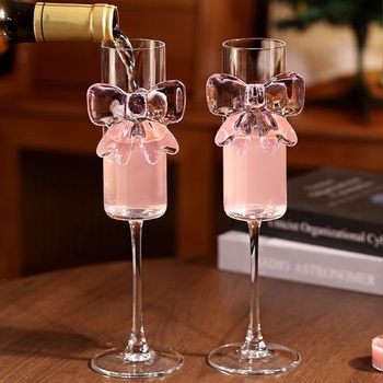 Skleněné sklenice Kokett 160ml, růžová stuha, šampaňské, čiré sklenice, víno, koktejly, sklenice na