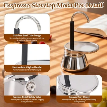 Nerezová moka konvice, espresso kávovar, moka kávovar s katétrem pro kutily, kávovar na sporák s